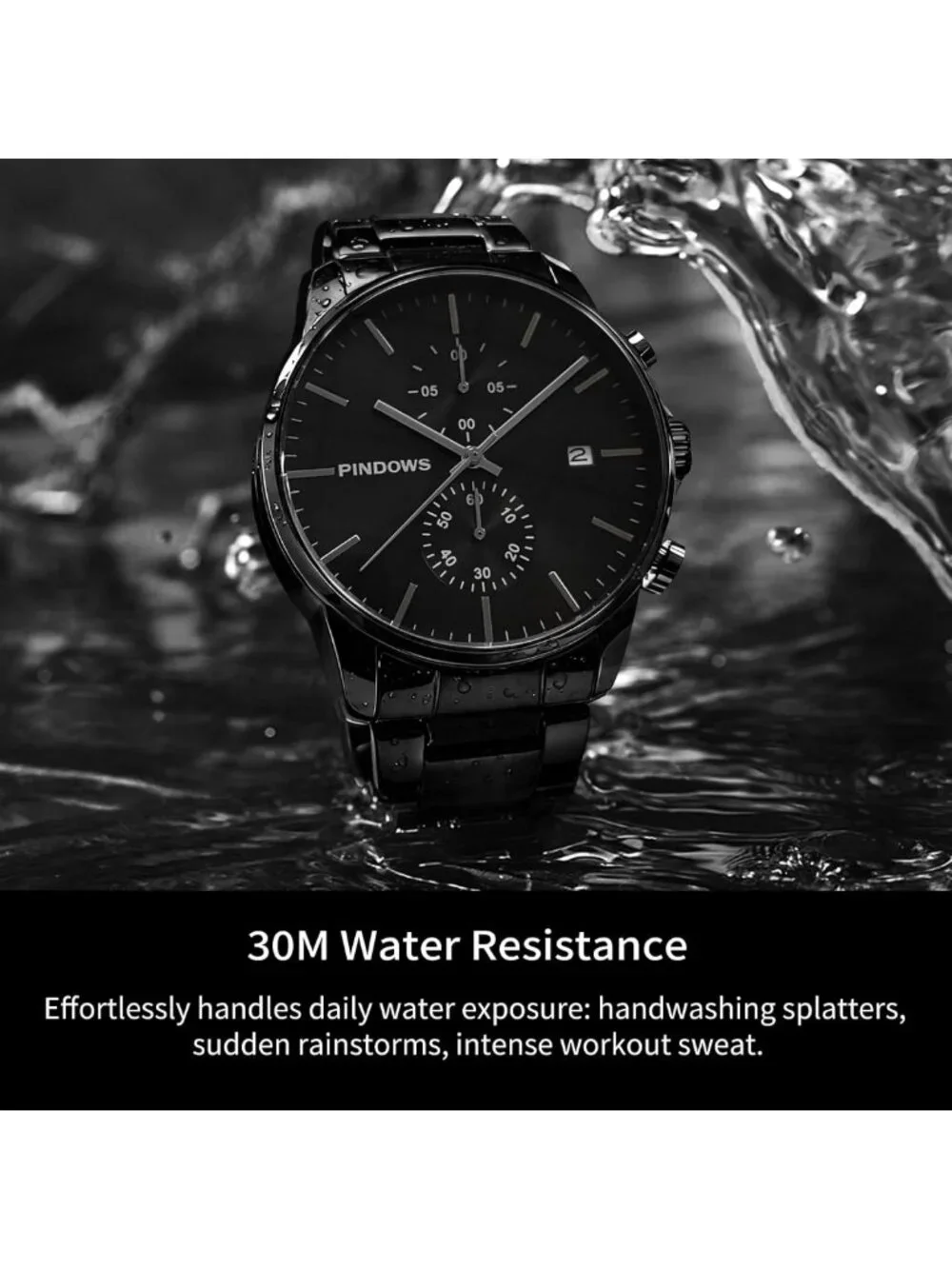 Sleek Black Minimalist Men's Watch, Stainless Steel Chronograph with Date
